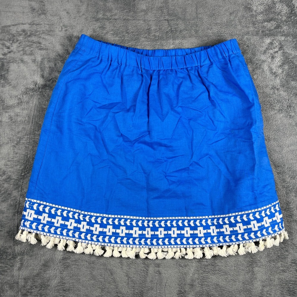 J.Crew Mini Skirt Womens Medium Blue Fringed Tassel Hem Pull On Elastic Waist